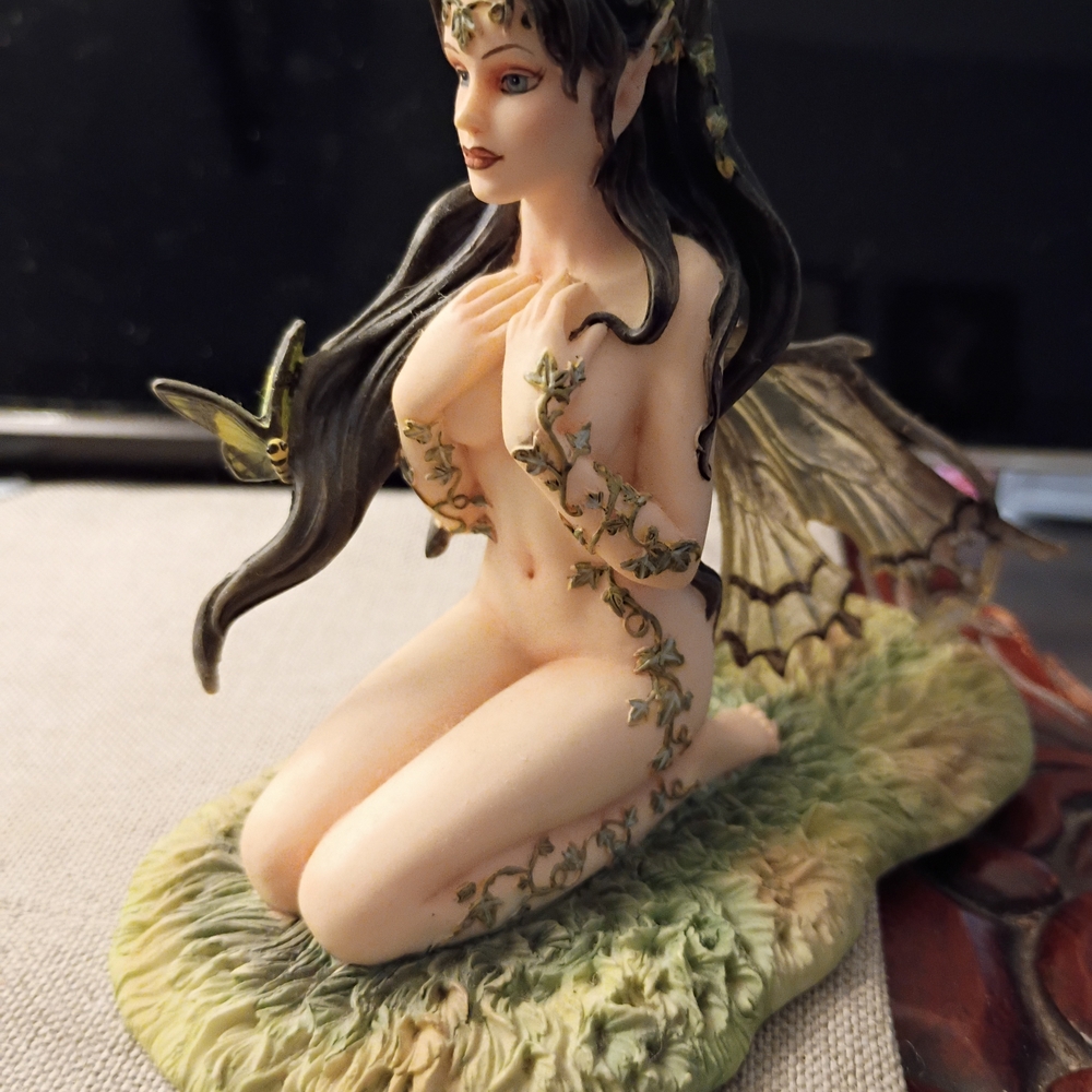 Kneeling Fairy Figurine in Cream with Green Vines and Black Hair